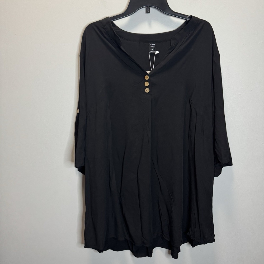 Emery Rose Blouse Size 4XL Black Elbow Sleeve W/Faux Wood Button Accents